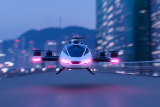 Two-seat drone taxi with sleek design is hovering above a rooftop platform, illuminated by city lights, showcasing futuristic urban transportation technology and innovation