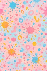 Colorful paint splatters spreading randomly across soft pink surface, generating energetic artistic texture