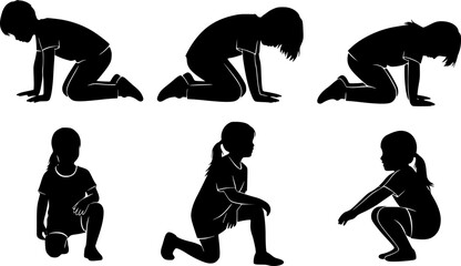 Silhouette Collection: Children in Various Crouching and Kneeling Poses, Black & White Art
