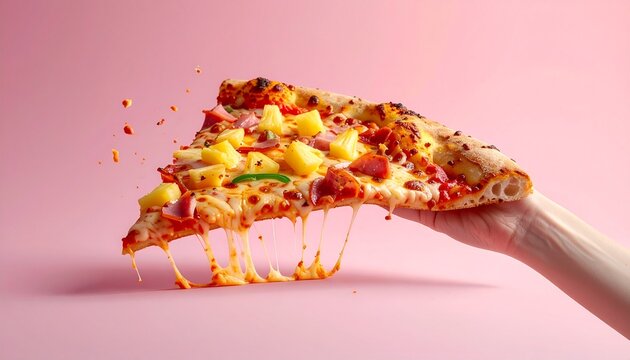 Hand lifting a mouth-watering Hawaiian pizza slice. Golden crust, pineapple, and ham toppings with an amazing cheese pull against a vibrant pink background