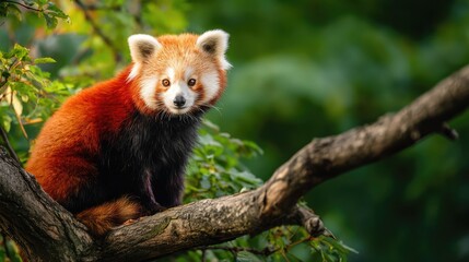 A red panda perched on a tree branch, surrounded by lush green forest, looking curious and alert.