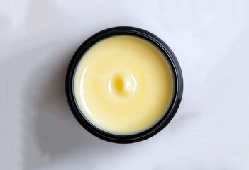 Black Jar Containing Yellow Natural Cream on White Background.