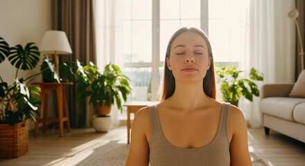 Woman practicing yoga and meditation on a mat in her sunlit modern living room. Peaceful morning routine: A woman finds inner balance with meditation at home.