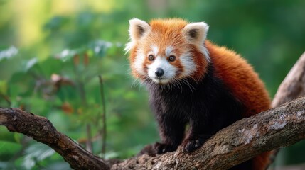 A red panda perched on a tree branch, surrounded by lush green forest, looking curious and alert.
