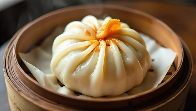 Har gow resting on parchment paper inside steamer basket with condensation droplets visible 
