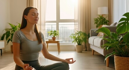 Woman practicing yoga and meditation on a mat in her sunlit modern living room. Peaceful morning routine: A woman finds inner balance with meditation at home.