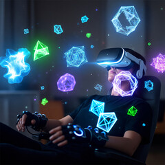Woman in VR Headset Interacting with Floating Abstract Geometric Shapes in a Futuristic Virtual Reality World