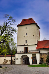 Naklejka premium Zamek Śląskoostrawski,( czes. Slezskoostravský hrad) – Zabytkowa wieża z czerwonym dachem na dziedzińcu fortecy.