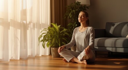 Woman practicing yoga and meditation on a mat in her sunlit modern living room. Peaceful morning routine: A woman finds inner balance with meditation at home.