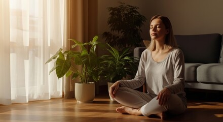 Woman practicing yoga and meditation on a mat in her sunlit modern living room. Peaceful morning routine: A woman finds inner balance with meditation at home.