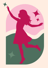 Dancing Girl Wall Art Printable Pink and Green Theme Minimalist Design Elegant Poster for Bedroom and Living Room