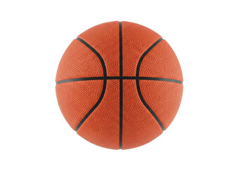 A close-up view of a basketball showcasing its textured surface and black lines against a white background