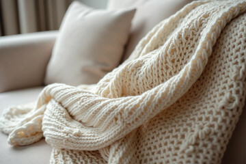 Soft knitted blanket folded with care in a clean setting, representing relaxation, simplicity, and slow living lifestyle