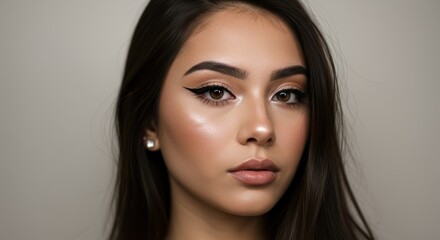 Fototapeta premium Close-up portrait of a woman with striking makeup and a sophisticated neutral color palette, showcasing a soft, natural elegance.
