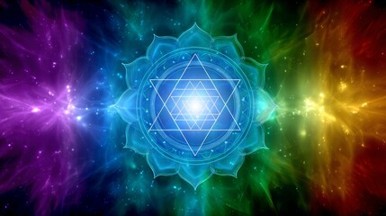 Colorful geometric star mandala with abstract radiant energy and spiritual symbolism