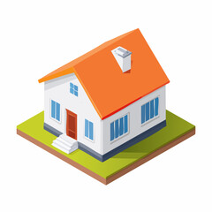 Isometric illustration of a small house with an orange roof and white walls.