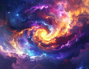 Abstract galaxy swirl, cosmic nebula colors, glowing stars, dreamy atmosphere, digital painting