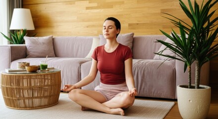 Woman meditating in lotus pose on the floor of her modern, Scandinavian-style living room. Healthy lifestyle concept: A woman practicing mindfulness and yoga at home with a green smoothie.