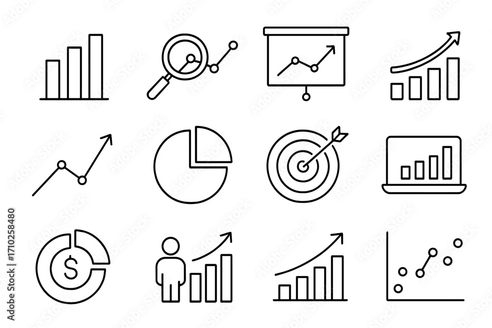 Poster analytics and data analysis line icon set. business intelligence, statistics, big data. vector icons