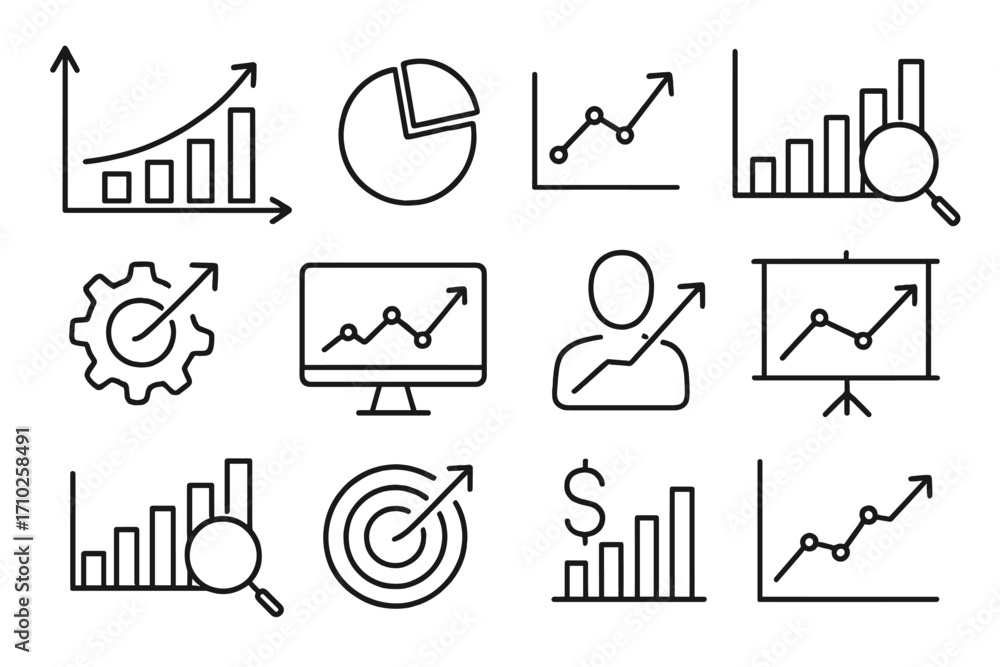 Poster data analytics and business growth line icon collection. symbols for statistics, financial reports, 