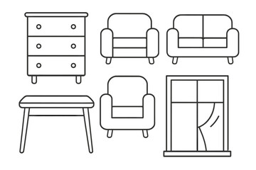 Furniture line icon set with editable stroke. Home interior design elements. Vector symbols of a dresser, couch, armchair, table, window for web design, app, UI and UX.