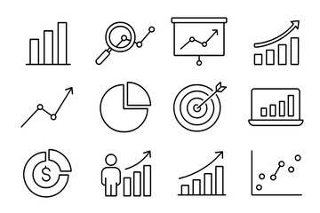 Analytics and data analysis line icon set. Business intelligence, statistics, big data. Vector icons for chart, graph, report, finance, marketing, diagram, success, growth.