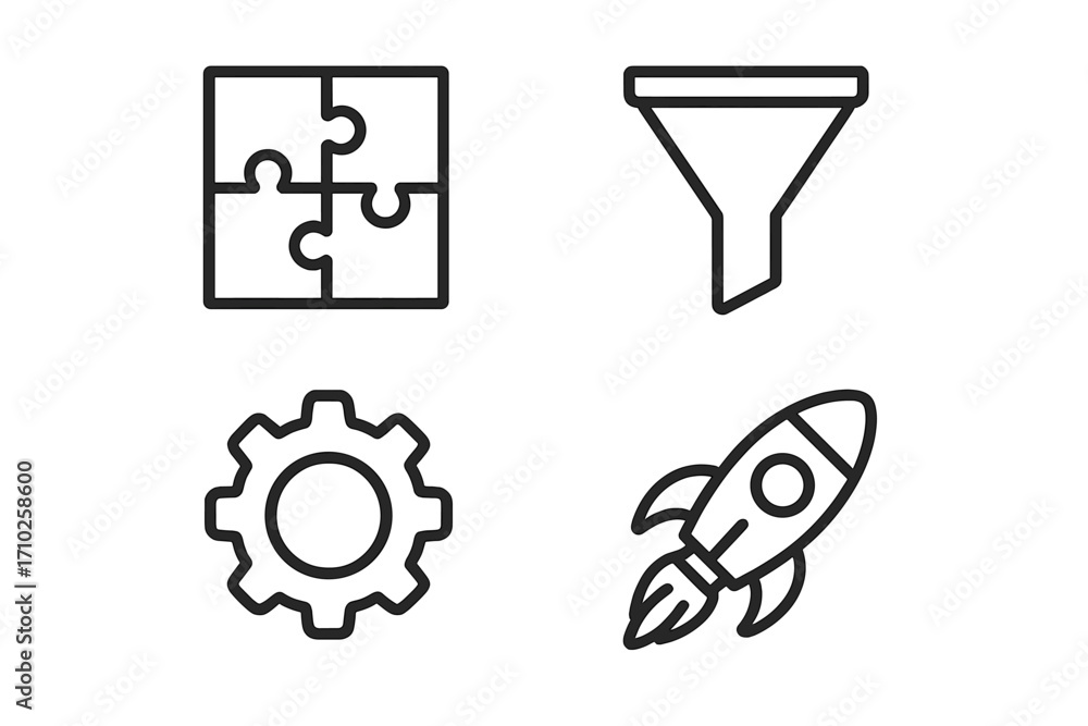 Poster data analytics and business process line icon set. puzzle for strategy, funnel for filtering sales l