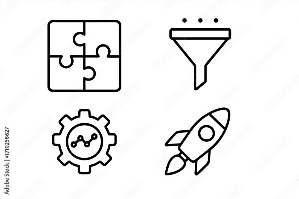 Poster data analytics and business process icon set. vector outline icons including puzzle for strategy, sa
