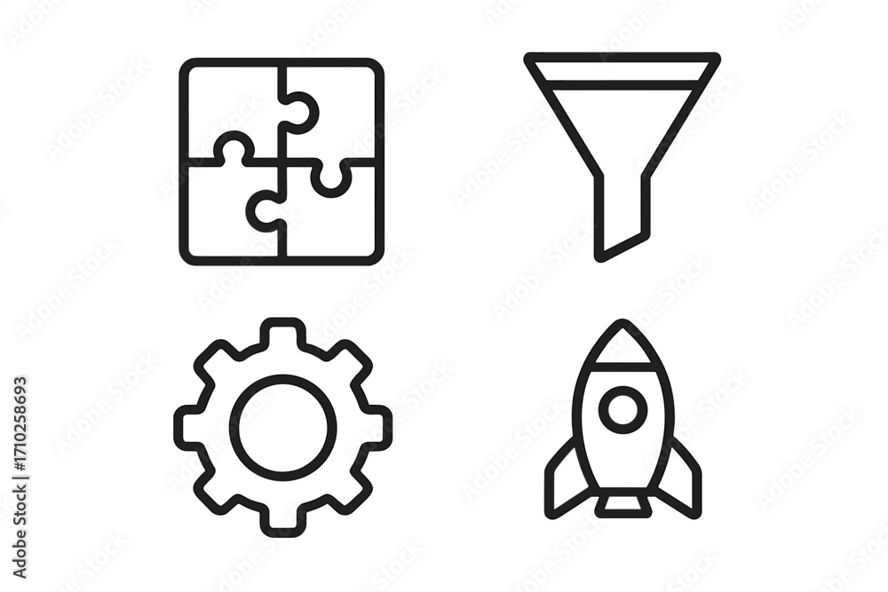 Poster data analytics and business strategy vector line icon set. contains puzzle for solution, funnel for 