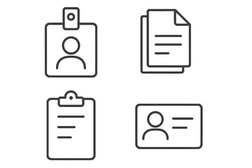 ID card, employee badge, clipboard and document line icon set. Business identity, personal data, user profile pictogram. Minimal vector icons for app, web, ui, ux design.