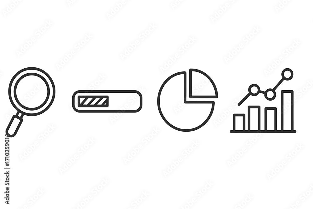Poster data analytics and business intelligence icon set. magnifying glass for research, progress bar, pie 