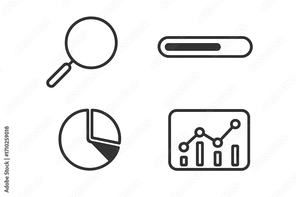 Poster data analysis and research vector icon set. magnifying glass for search, progress bar, pie chart for