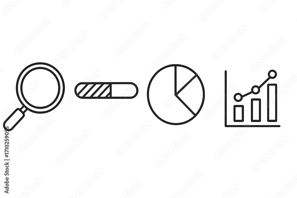 Poster data analysis icon set. thin line vector icons of magnifying glass, progress bar, pie chart, and gra