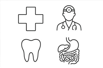 Medical line icon set. Healthcare linear pictogram collection. Doctor, tooth, internal organs, clinic symbol. First aid cross, dentist, gastroenterology concept. Editable stroke vector.