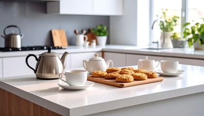 Modern kitchen countertop with tea and cookies