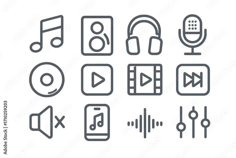 Aufkleber minimalist line icons for music and multimedia. audio and video player interface icon set. vector sy