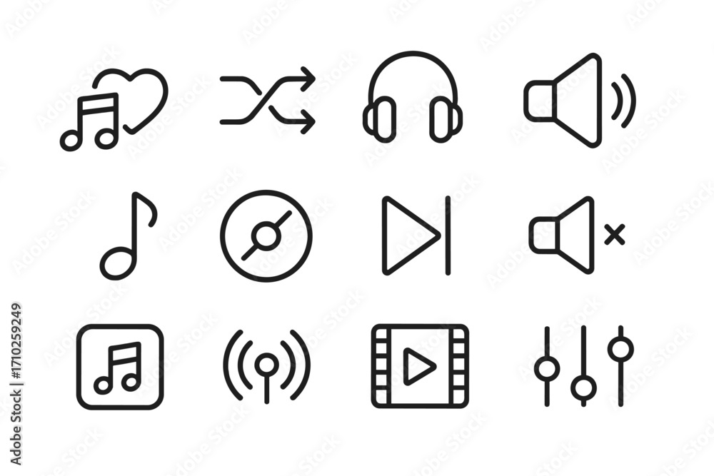 Poster music and multimedia player line icon set. vector symbols for user interface design. includes play, 