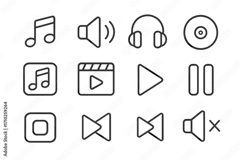 Poster music and multimedia player line icon set. vector symbols for ui and ux design. audio and video inte