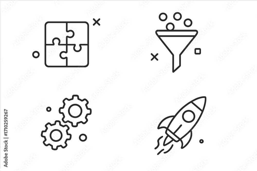Poster startup launch and business process thin line icons. strategy, development concept. puzzle solution,