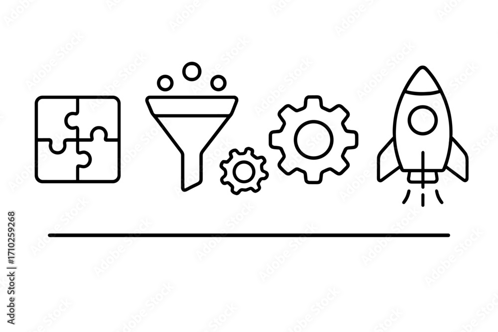 Poster business process infographic icons. from problem to solution, data analysis, and launch. puzzle, fun