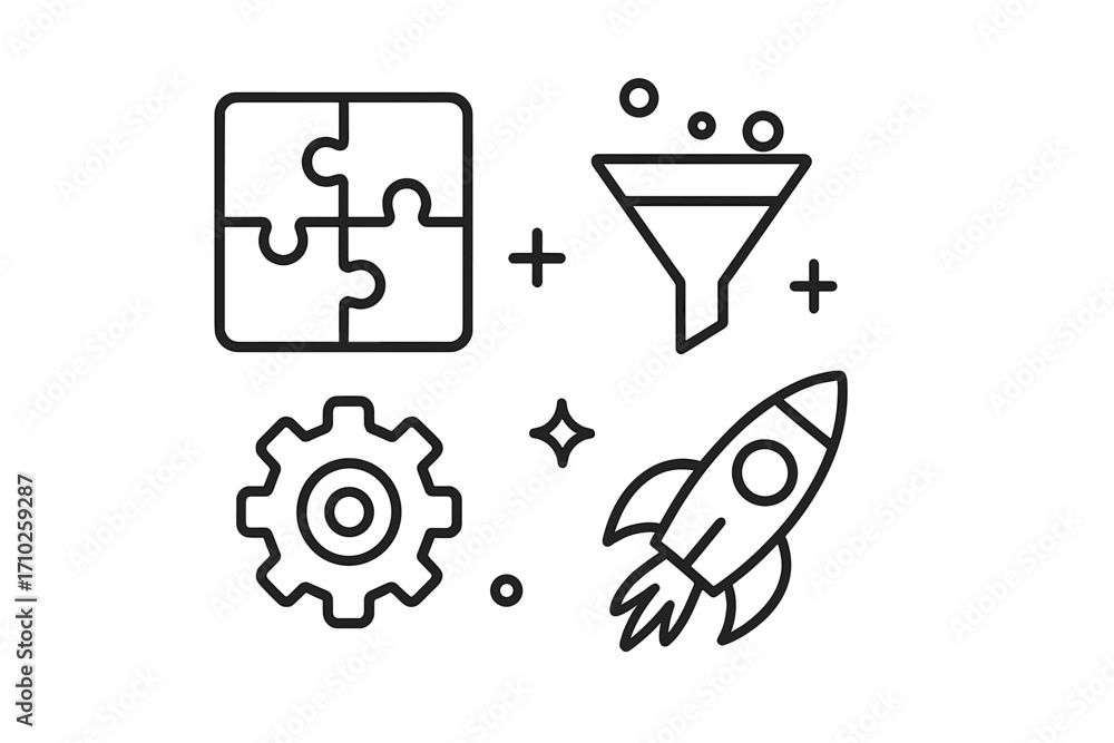 Poster vector icon set illustrating business process and startup growth. puzzle for solution, funnel for sa