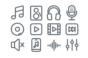 Minimalist line icons for music and multimedia. Audio and video player interface icon set. Vector symbols for play, sound, headphones, microphone, note and speaker.
