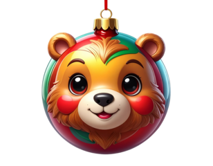 3D cartoon Christmas tree ornament ball with teddy bear face isolated on transparent background PNG