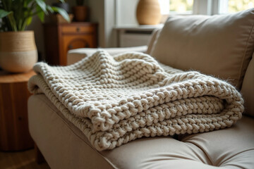 Soft knitted blanket folded with care in a clean setting, representing relaxation, simplicity, and slow living lifestyle