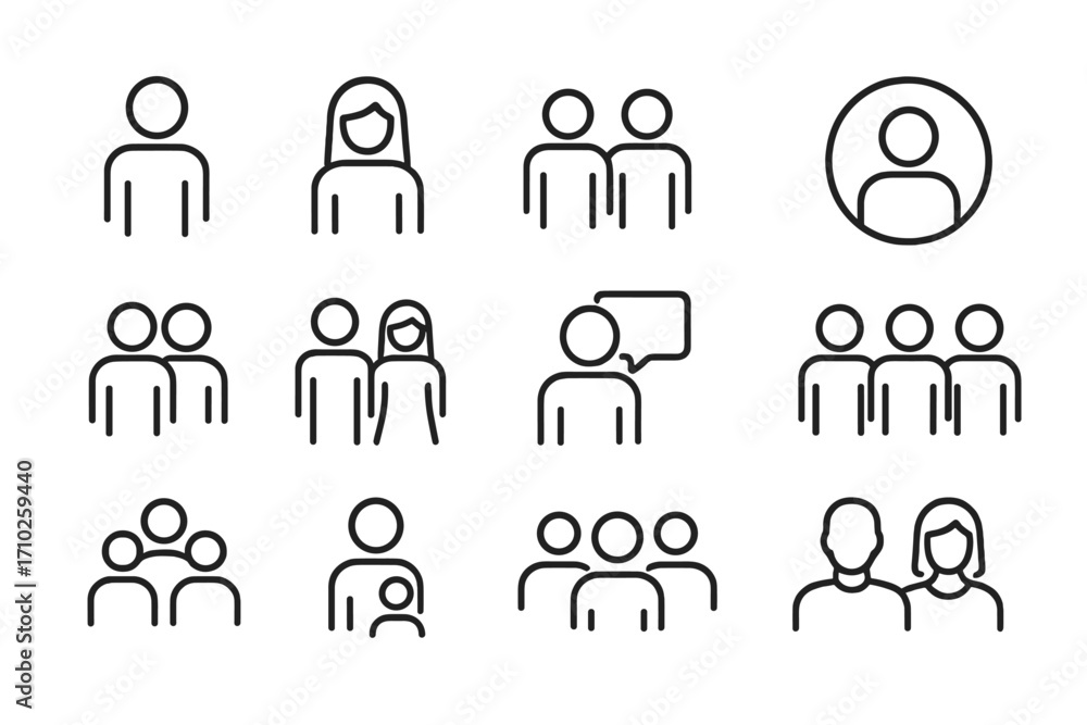 Poster people line icon set. vector collection of simple linear symbols for user interface design. person, 