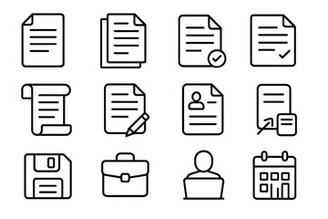 Business and office line icon set. Vector outline icons for work, job, and document management. Includes resume, contract, calendar, and briefcase symbols for web and app design.