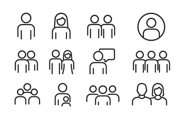 Fototapeta premium People line icon set. Vector collection of simple linear symbols for user interface design. Person, group, team, couple, family, and user profile avatar outline icons.