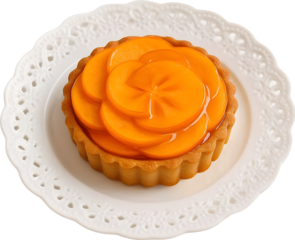 A sweet tart topped with thin persimmon slices arranged in a flower shape, without background