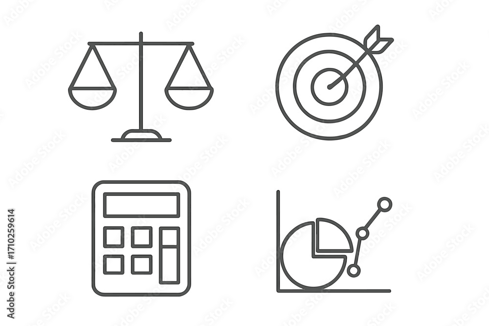Aufkleber scales target calculator diagram business line icons set editable stroke minimalistic linear pictogr