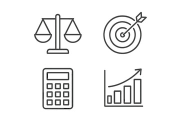 Business line icon set with justice scales, target goal, calculator, growth chart. Vector icons for finance, strategy, analysis, success. Minimalist outline pictogram collection.